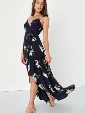 NWT Lulus All Mine Navy Floral Wrap Maxi Dress Small High-Low Slit Dress
